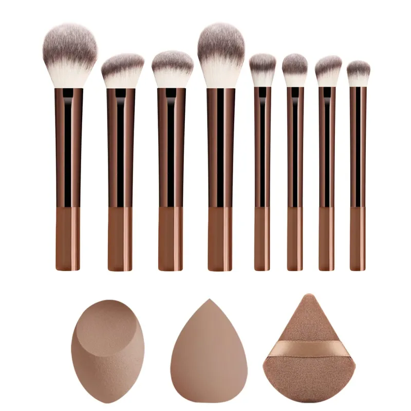 8Pcs Brown Coffee Makeup Brush Set Powder Blush Foundation Eyeshadow Brushes With Triangle Puff
