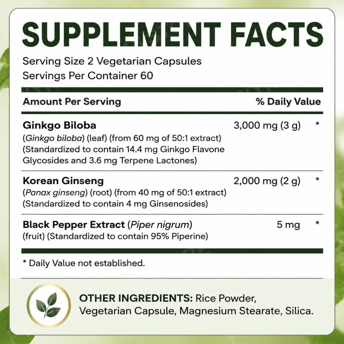 Panax Ginseng & Ginkgo Biloba 5000mg Equivalent with 95% Piperine Daily Energy Focus & Vitality Support 120 Vegetarian Capsules — image 2