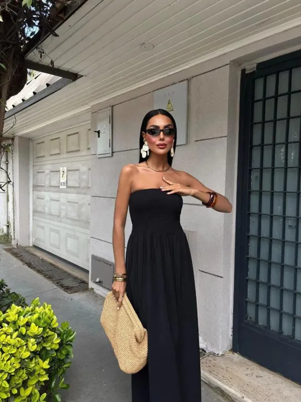 2026 New Summer Fashion Solid Color Off-Shoulder Strapless Waist-Cinching Long Dress for Women — image 7