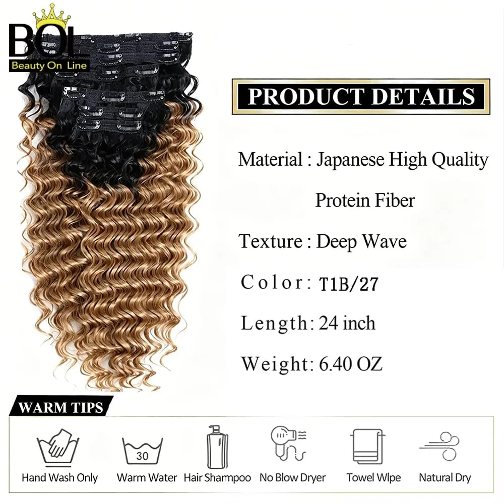Clip sintetica a onda profonda da 24 pollici nelle estensioni dei capelli 7 pezzi / set 140g capelli finti testa piena parrucchino clip ricci capelli per le donne