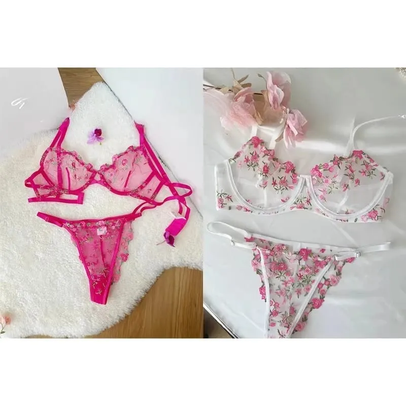Transparent Floral Lace Embroidery Bra Set Summer Thin Minimizer Underwear Soft Breathable Full Bust Female Home Daily Wear S-XL — image 5