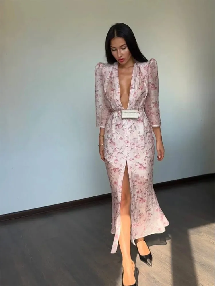 Fashion Sexy Organza Floral Printed Maxi Dress V-neck Puff Sleeve 2026 New Summer Romantic Women Party Gown Elegant Lady Vestido — image 4