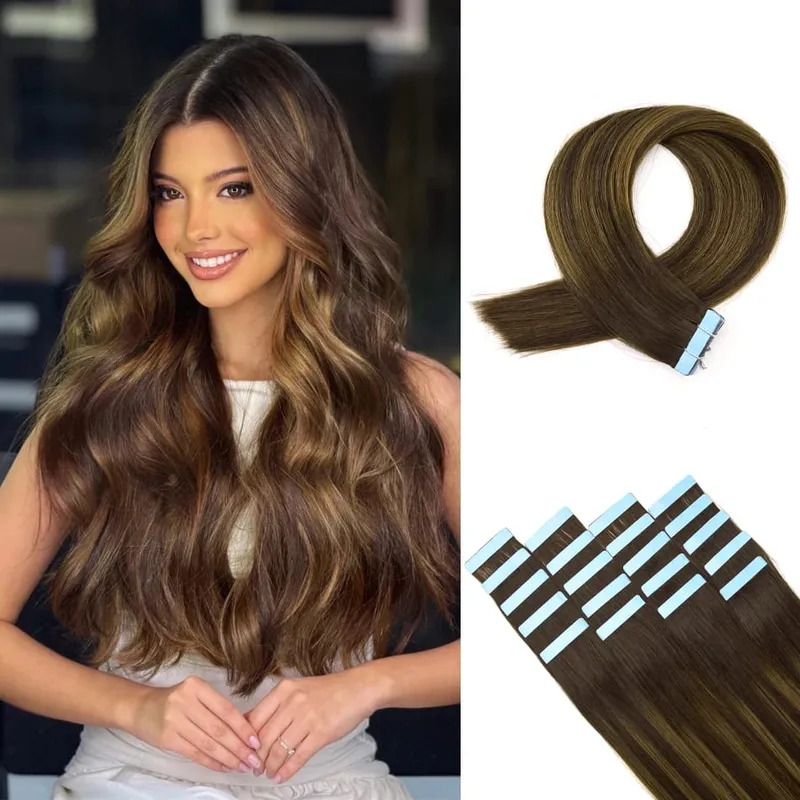 Brown Tape in Hair Extensions 100% Remy Human Hair Extensions Straight Seamless Skin Weft Tape in Extensions for Women 20pcs