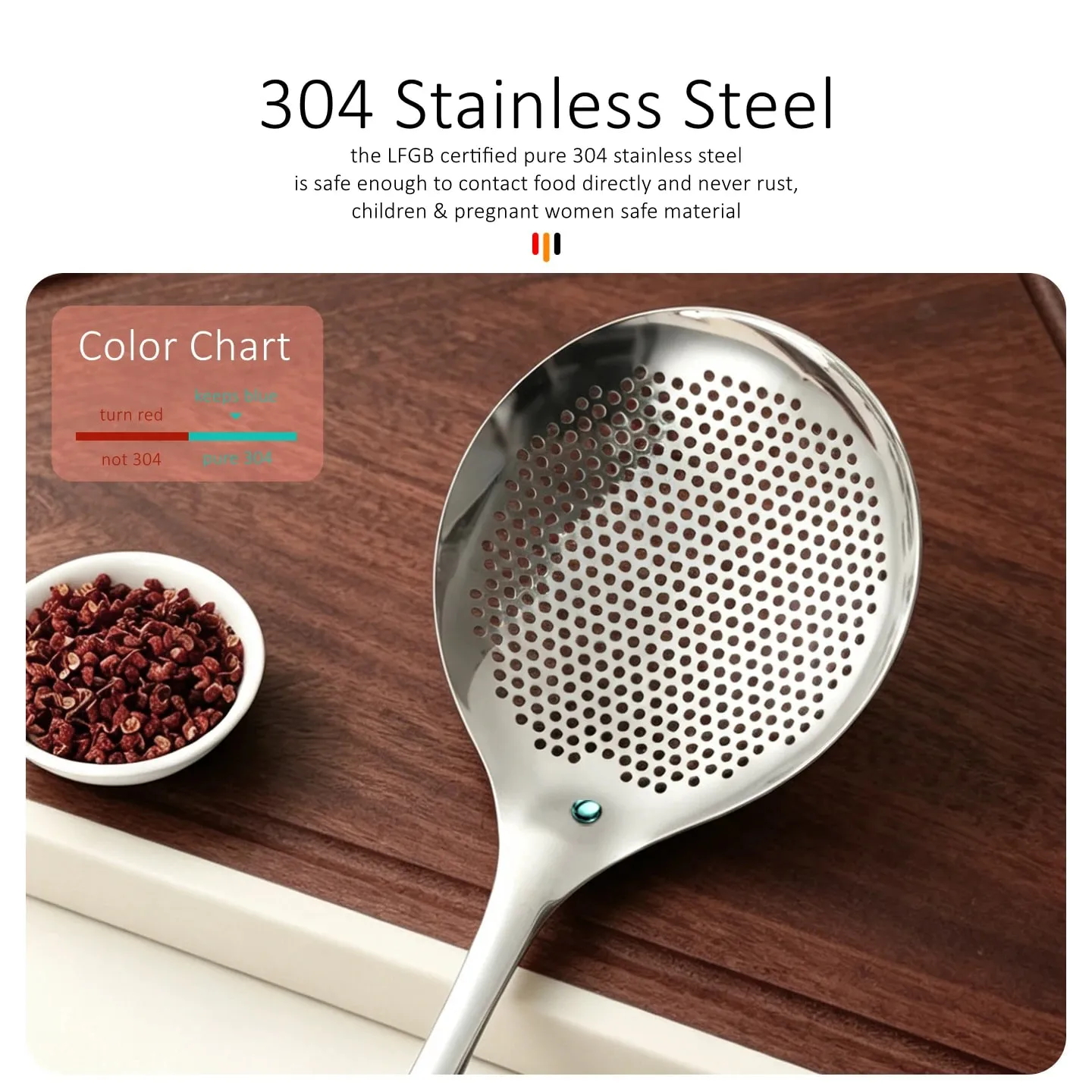 LFGB Certified Pure 304 Stainless Steel Kitchen Cooking Colander Ultra Thick 33cm Handle 12.5cm Head Sieve for Potato Frying — image 3