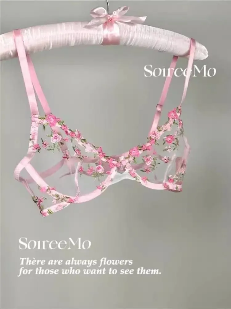 Vintage French Maid Sexy Lingerie Floral Embroidery Heavy Lace See-Through Set 32-38 AB Comfortable Plus Size Underwear MOYISU — image 4