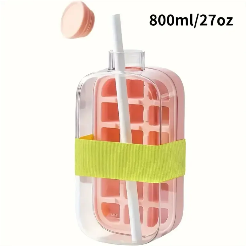 Ice Cube Bottle with Straw 2 In 1 Touch-Free Push-Type Ice Cube Making Bottle Easy Release Water Bottle Ice Mold