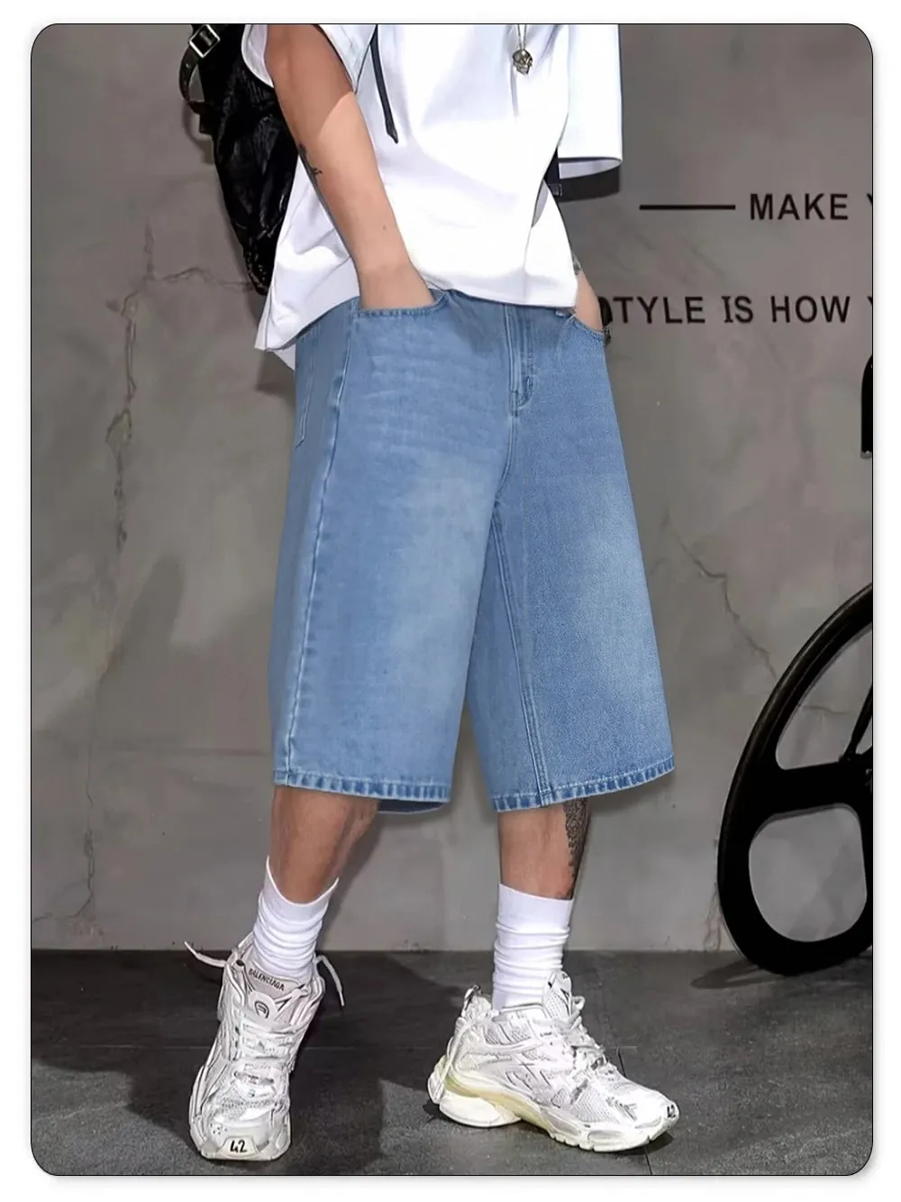 Men's Simple Light Blue Retro Ultra Baggy Wide-Leg Denim Shorts Student Youth Street Casual Oversized Baggy Jeans Unisex — image 9