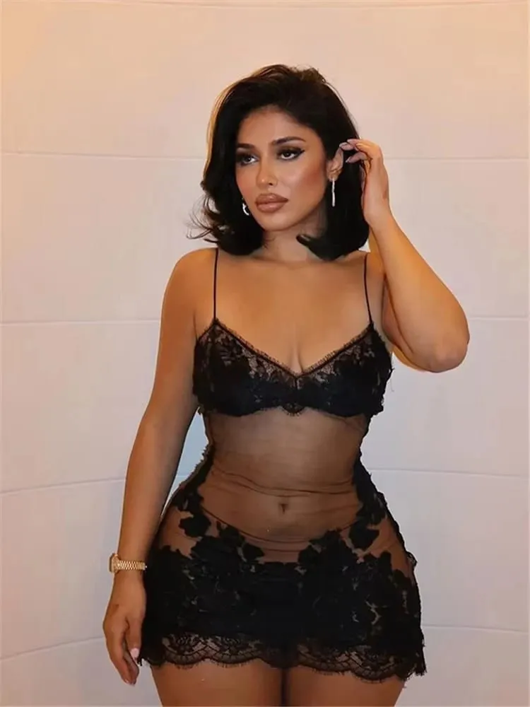 Lace Transparent Mini Dress Sexy Women Wrapping Spaghetti Embroidery Flower Sheath Nightwear Club Mesh Wave Fantacy