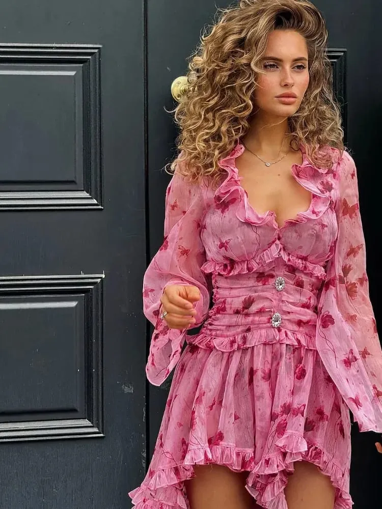 Women Elegant Floral A-line Pleated Dress Sexy Long-sleeved Waist Cinching Ruffle Mini Dresses 2026 Lady Vacation Street Gowns — image 6