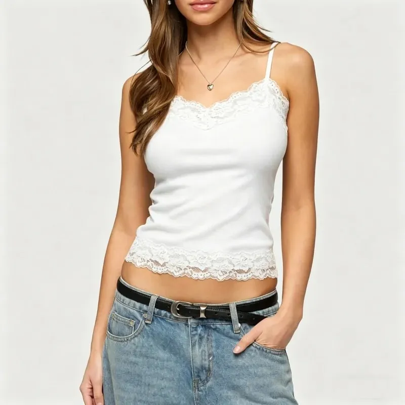 Lace Tank Top for Women V Neck Floral Lacy Trim Crop Cami Teen Girls Y2K Slim Fit Spaghetti Strap Going Out Tops — image 1