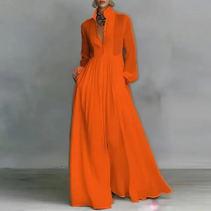 Gaun Panjang Buaian Pinggang Tinggi yang Elegan Wanita Musim Bunga Poket Pepejal Gaun Maxi Berlipat Musim Gugur Lengan Panjang Pakaian Petang — image 6