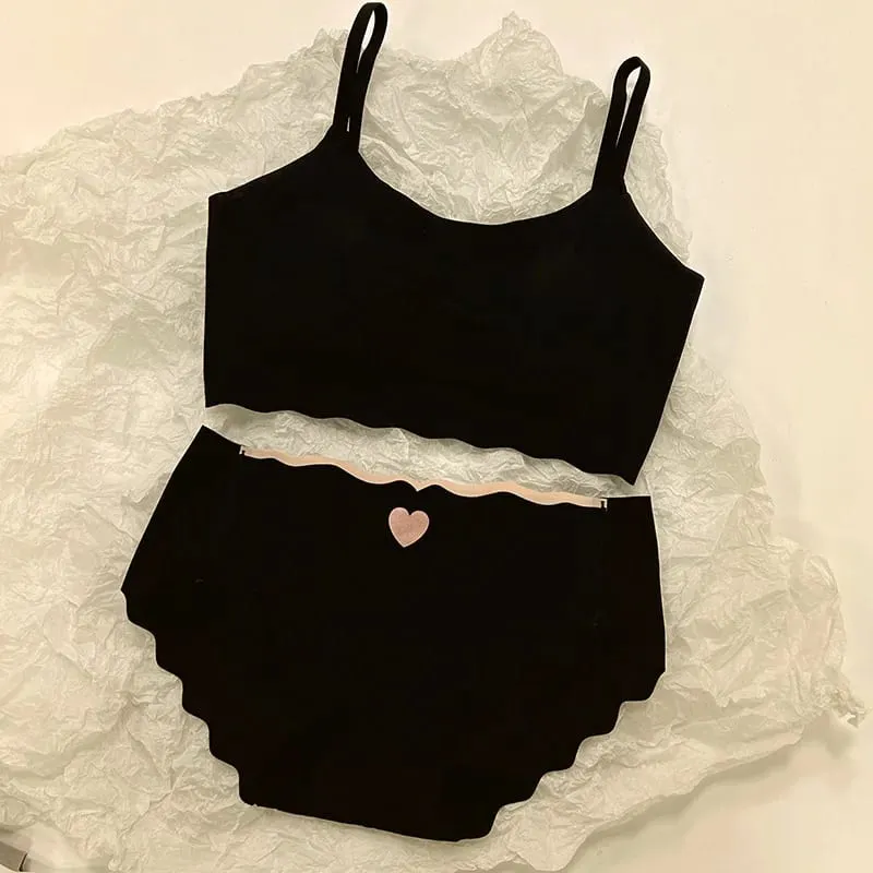 Women's Seamless Bralette Set Wireless Push Up Bra with High Waist Panty Cute Heart Embroidery Lingerie Set for Daily Wear