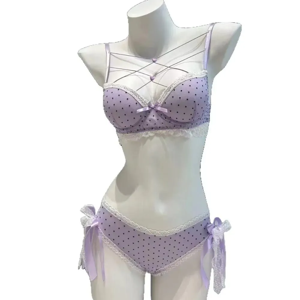 Comfortable Dots Lace Bra Set Love Heart Bowknots Bra Panties Set Lace-up Intimates Push Up Bra Women Romantic Evenings