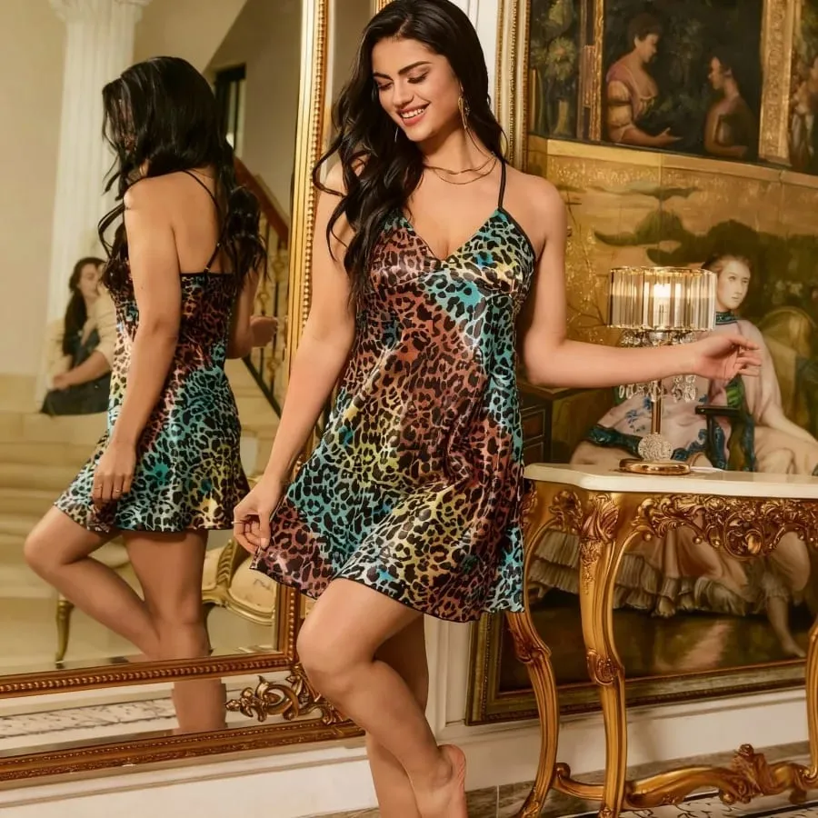 Leopard Printed Dresses For Women Fashion Sexy Streetwear Strap V-Neck Sleeveless Backless Sheath Mini Vestidos Robes Female Fit — image 3