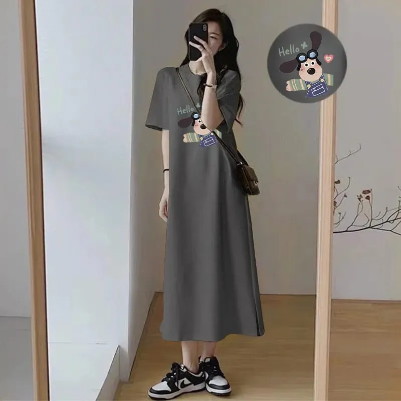 Cute Cartoon Dog Print T-Shirt Dress Women Loose Short Sleeve Split Casual Midi Dress — image 6