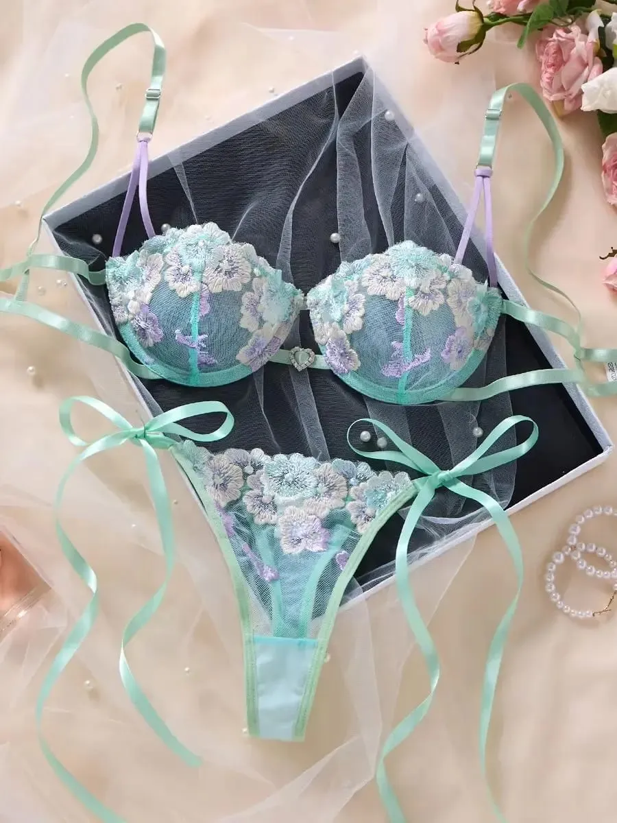 Women Sweet Flower Embroidered Lace Bra Set With Underwire Transparent Mesh Side Bow Panties Romantic Lingerie S-XL Sizes