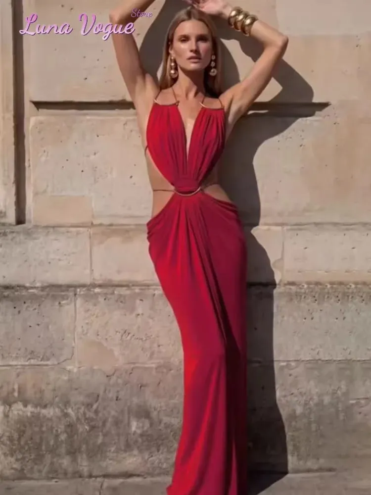 Solid Color Spaghetti Strap Sleeveless Maxi Gown Women Sexy Deep V Cutout Waist Ruched Evening Dress Summer Elegant Party Wear — image 6