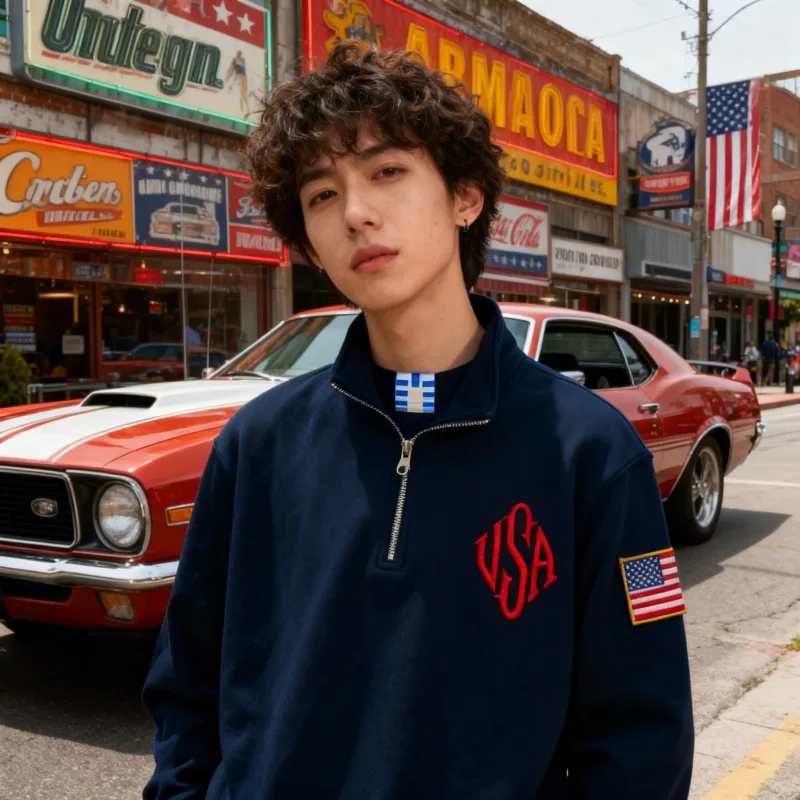 Vintage USA Flag Embroider Sweatshirts Navy Blue Quarter Zip Sweatshirt Fast delivery Streetwear High Street Y2k Fashion Hoodies — image 3