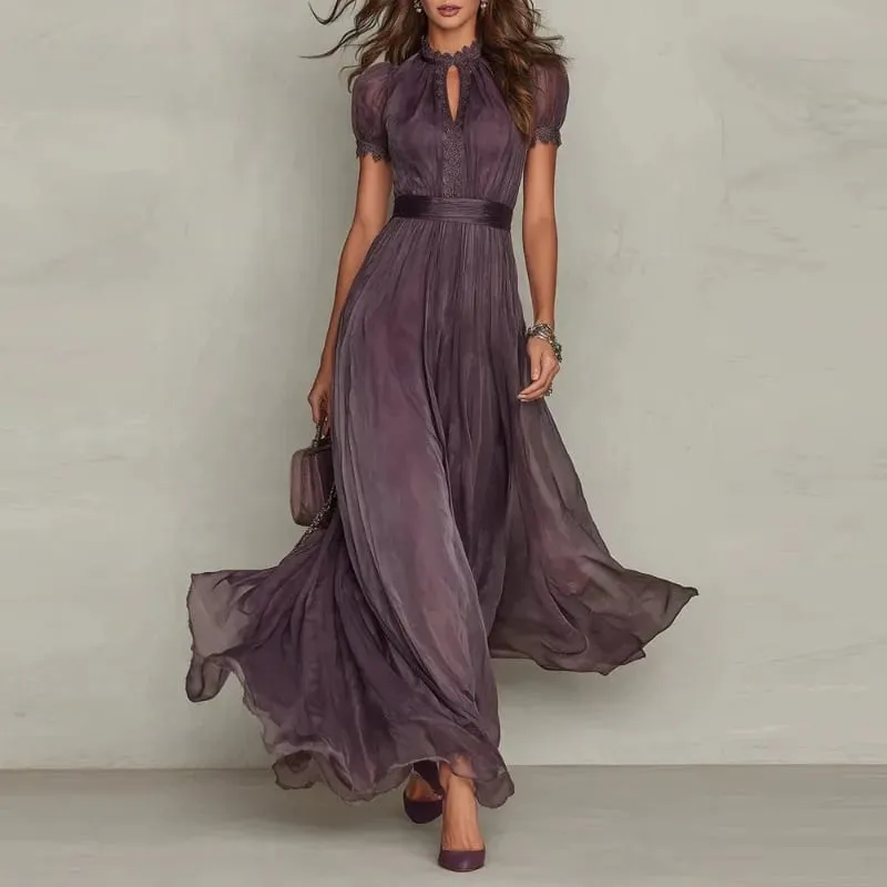 Elegant Chiffon Lace Trim Midi Dress Stand Collar Neck Puff Sleeve Cinched Waist Draped A Line Flowy Women's Casual Dresses