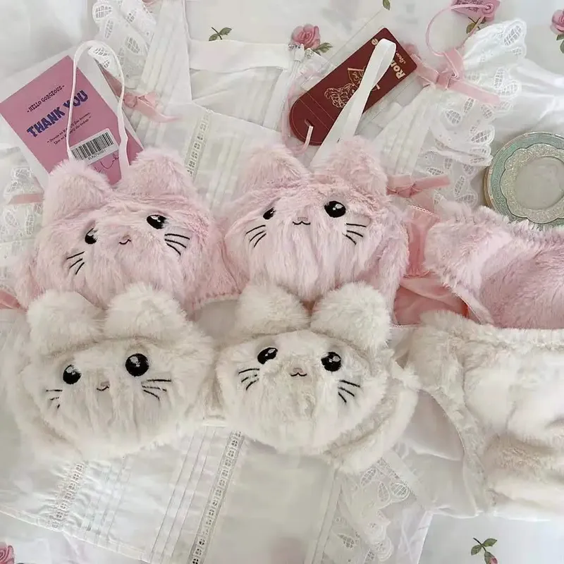 Conjunto de sujetador japonés Kawaii de felpa para mujer, Conjunto de sujetador cómodo con bonito gato para chica, ropa interior de dibujos animados, lencería suave y encantadora para estudiantes