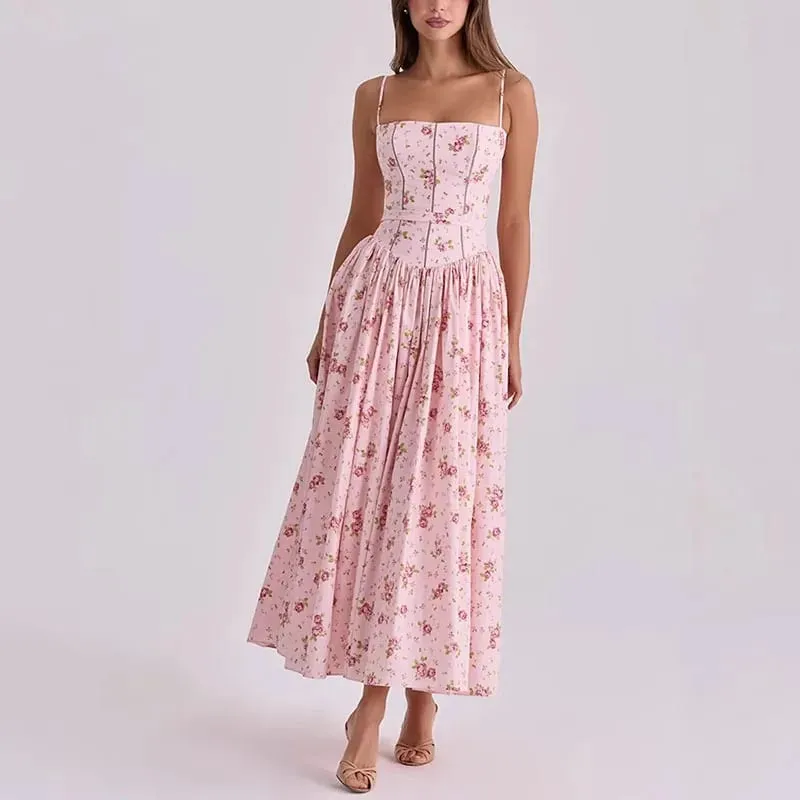 Floral Print Spaghetti Strap Maxi Dress Square Neck Corset Waist A-Line Elegant Dresses Casual 2026 Summer Vacation Chic Outfit — image 8