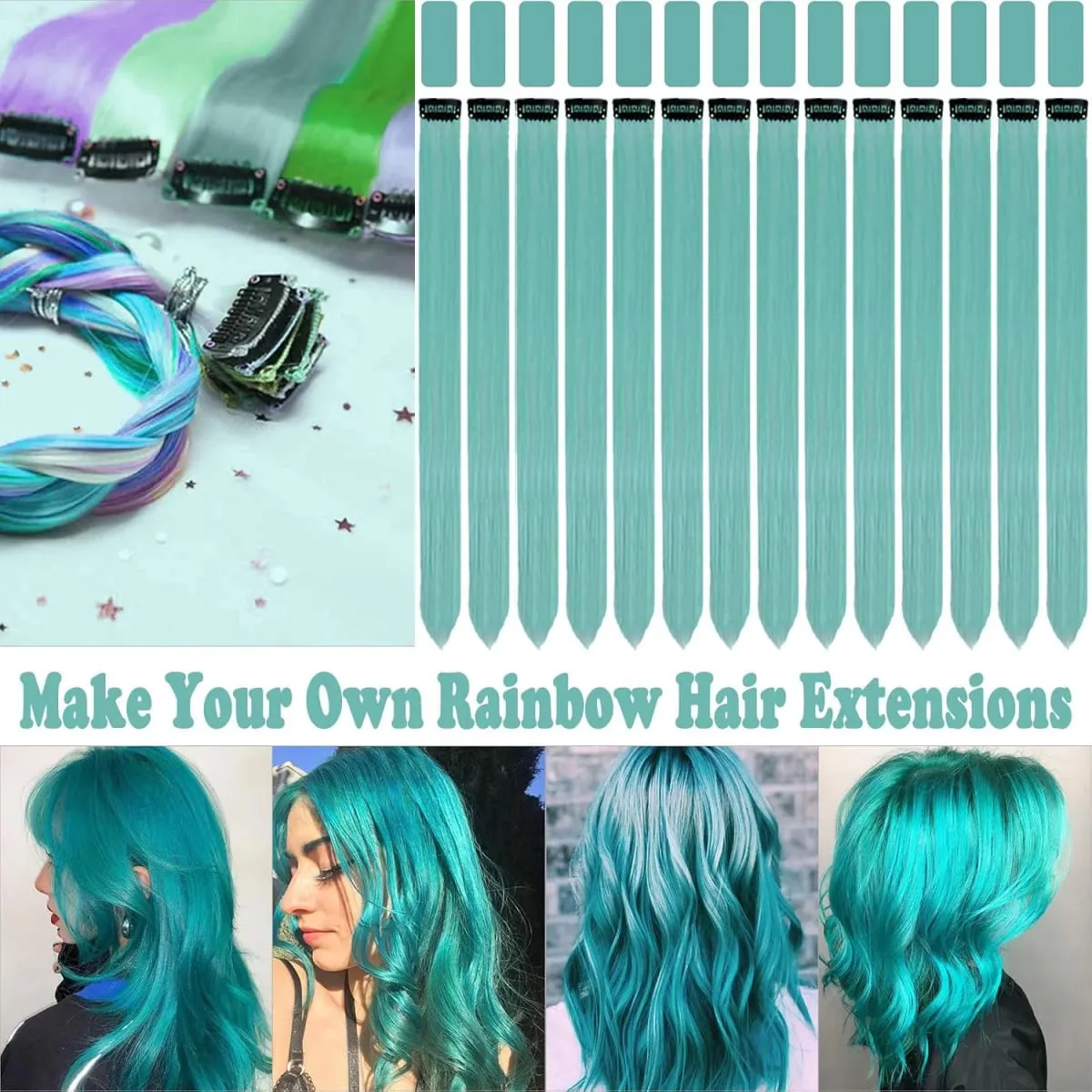 14 PCS Teal Blue Hair Extensions Clip in 22 Inch Colored Party Synthetic Neon Highlights Extensions Rainbow Hair Accessories — image 2