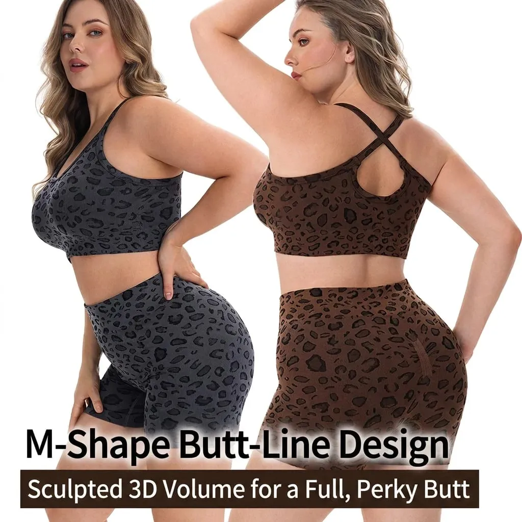 Women Plus Size Leopard Print Workout Set High Waist Tummy Control Shorts Padded Racerback Sports Bra 2PCS Gym Yoga Running Wear — image 5