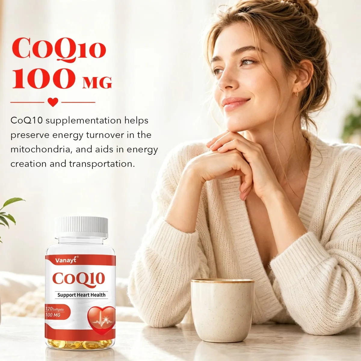 120pcs Coenzyme Q10 100mg Capsules Support Heart Cardiovascular Health Boost Energy Antioxidant Supplement — image 3