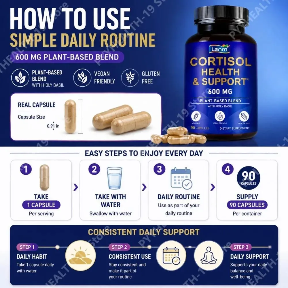 Lenm Cortisol Health Support Capsules Ashwagandha Rhodiola Holy Basil L-Theanine For Stress Balance & Relaxation Adult 90 Count — image 5