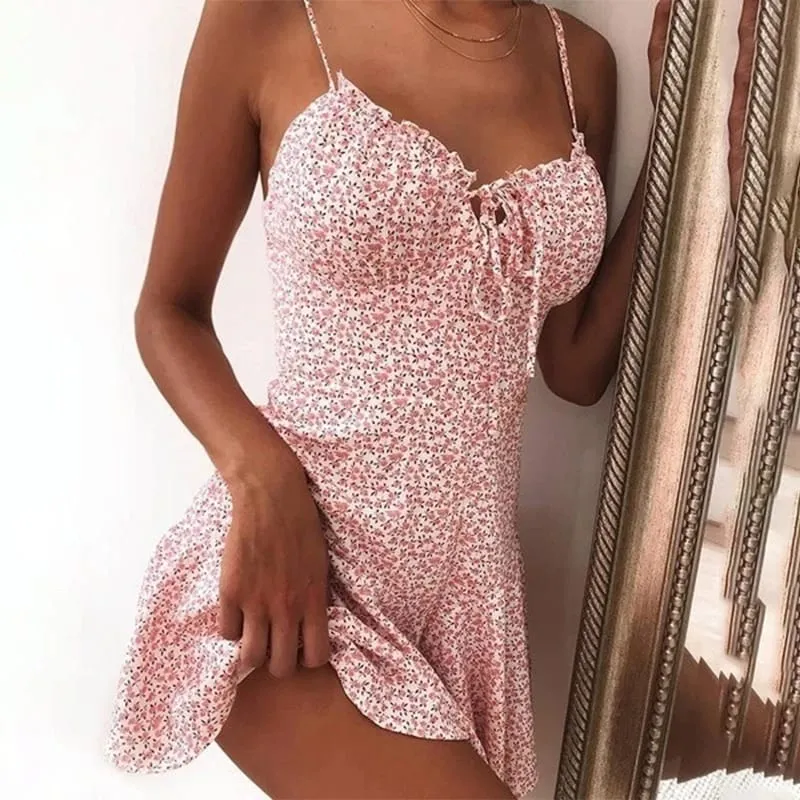 2023 Kvinder Sommer Spaghetti Strap Blomstertryk Tie Front Mini Kjole Y2K Sexet Kjole Patry Beach Style Ny All-Match Blomsternederdel — image 5