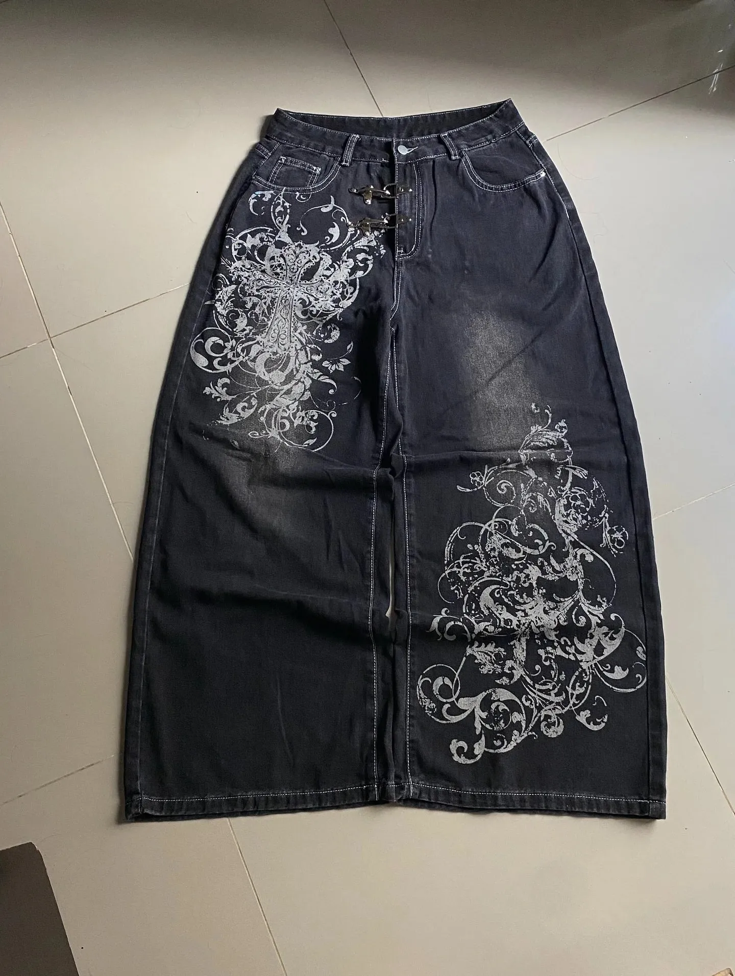 Y2K Vintage Gothic High Street Denim Black Wash Gradient Spine Spider Lily Print Wide Leg Jeans — image 8