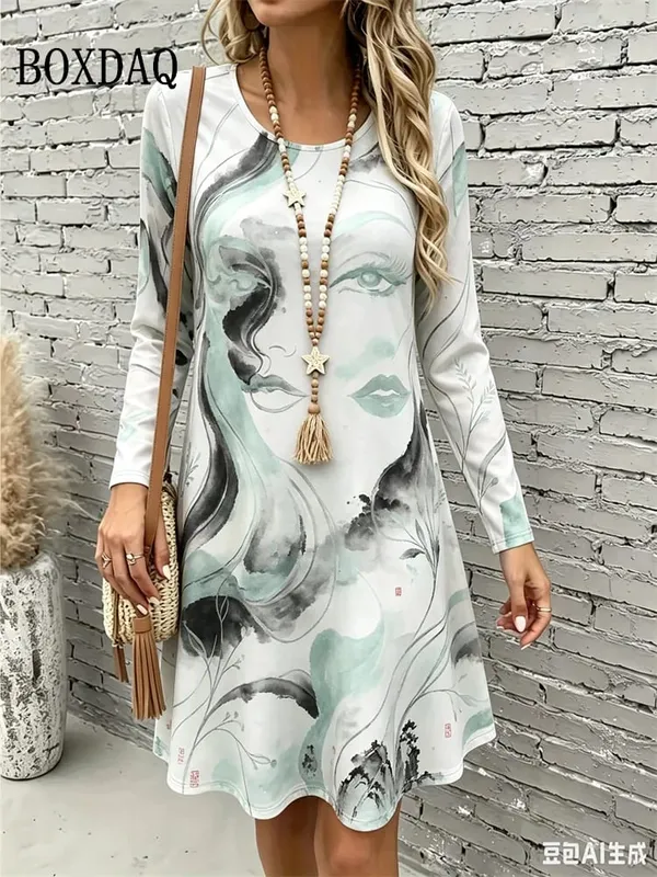 2026 New Women's Dresses Autumn Fashion Streetwear Abstract Painting Floral Print Dress Casual Long Sleeve Loose A-Line Dress — image 2