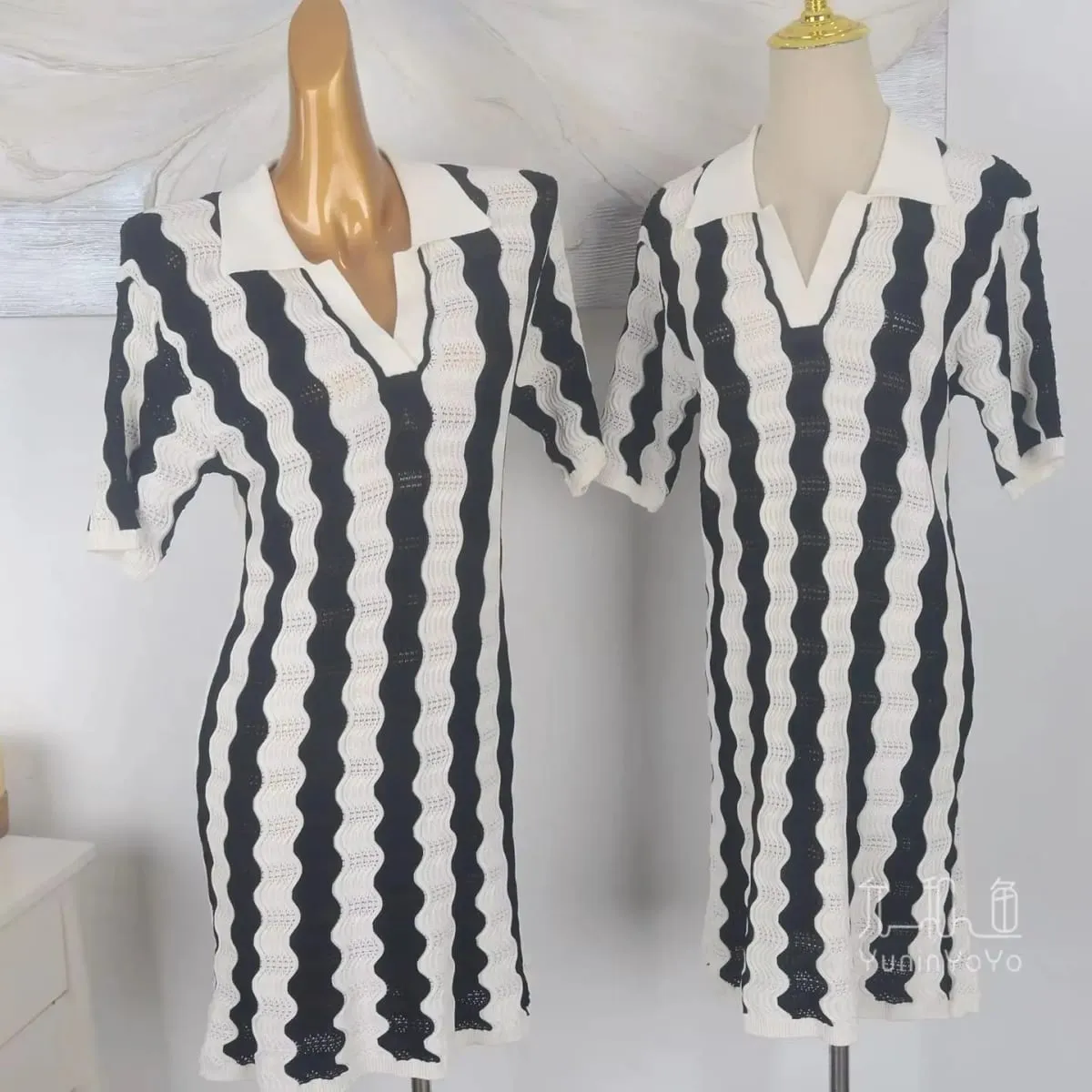 Polo Collar Half Vneck Wave Stripe Knit Dress Women Hollow Jacquard H-line Straight Short Dress Summer Elegant Ladies Mini Dres — image 2