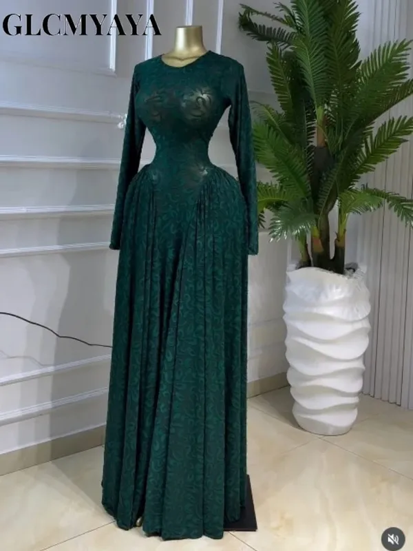 CM.YAYA Women Lace Up O-neck Long Sleeve Big Swing A-line Maxi Dress 2026 Sexy Parties Education Vacation Long Dresses Vestidos — image 4