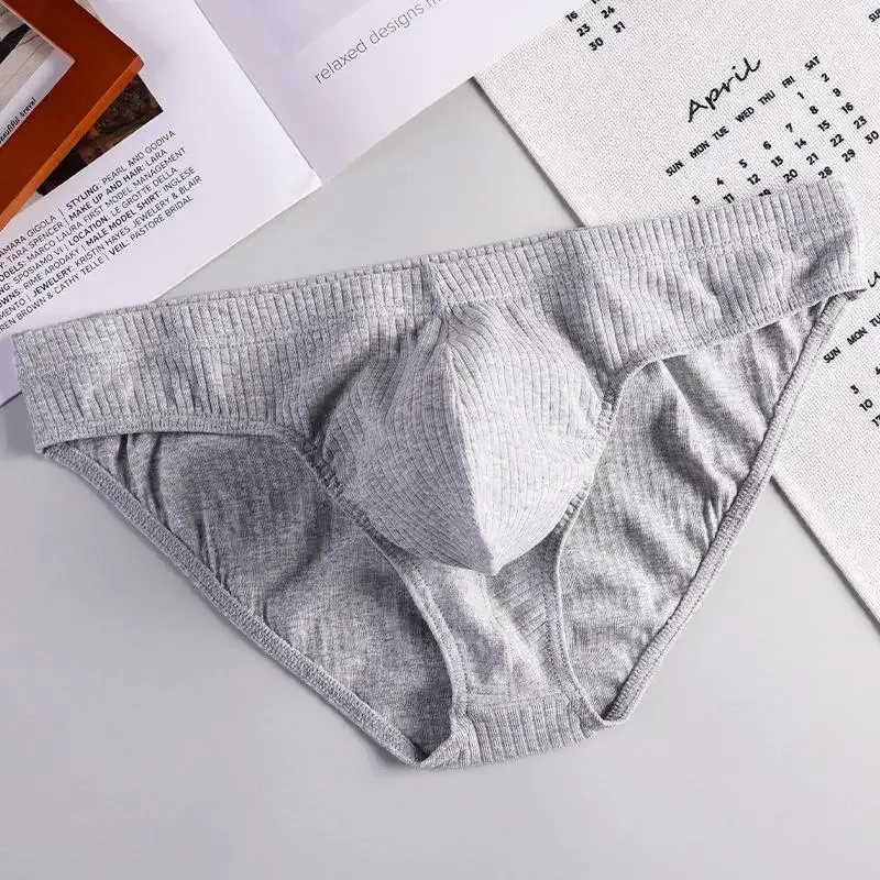 Men's Sexy Brief Ribbed Cotton Breathable Comfortable Sweat Absorption Sports Underwear Youth Low Waist U Convex Pouch Underpant — image 2