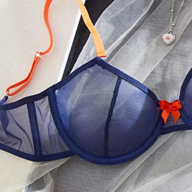 Quần Lót Nữ Màu Xanh Hải Quân Sheer Lưới Quần Lót Thép Nhẫn Áo Ngực Nơ Cam Đùi 2 Miếng Gợi Cảm Màu Sắc Tương Phản Dùng Thân Thiết