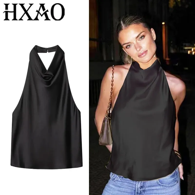Women's Tanks Halter Top Women Sleeveless Green Crop Tops Summer Satin Party Evening Top Backless Sexy White Black Top — image 3