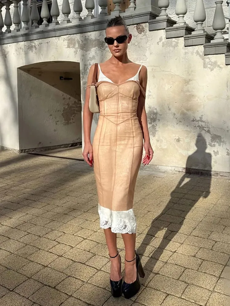 Sheer Mesh Overlay Spaghetti Strap Midi Dress Waist Cinched Sleeveless 2026 Summer Women Accessories Trendy Classy Lady Outfit — image 2