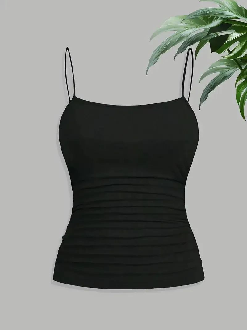 Women Elegant Thin Strap Ruched Cami Top Slim Fit Sleeveless Camisole Soft Stretch Basic Tank Vest Summer Fashion Underwear Blac — image 5