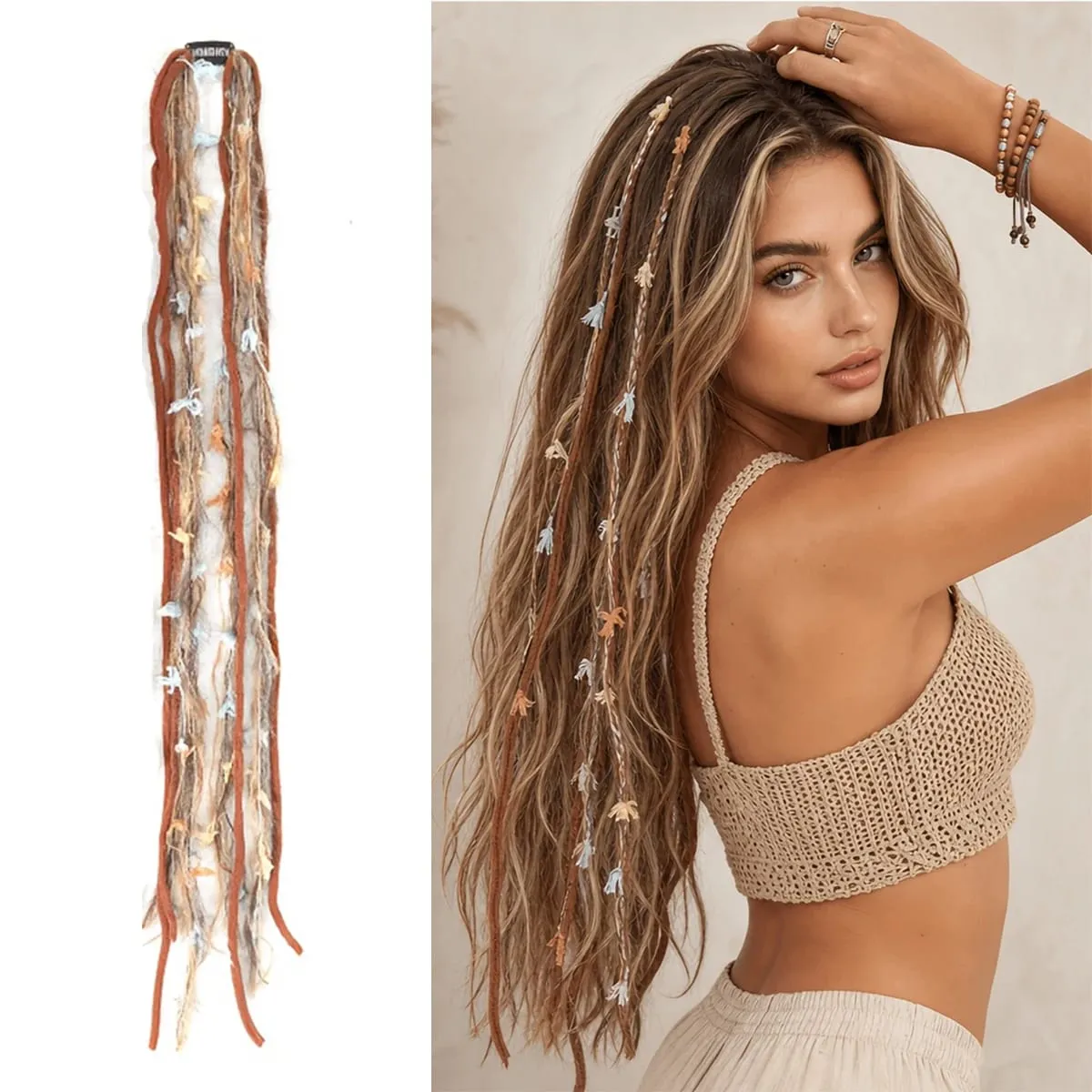 Clip In Dreadlock Hair Extensions Bohemian Frayed Wispy Thin Synthetic Boho Braids For Women Daily Rave Party Hairstyle