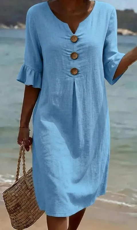 2026 Amazon European and American Cross-Border Spring and Summer New Cotton and Linen V-Neck Dress with Large Buttons and Ruffle — image 2