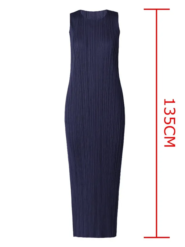 Miyake Pleated 여성 드레스 여름 민소매 긴 클래식 한국 패션 캐주얼 우아한 여성 Lce 워터 블루 비치 드레스 TP5045
