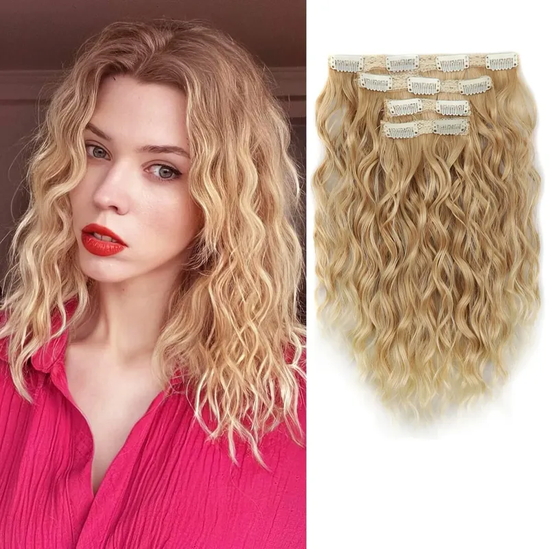 4PCS Synthetic Hair Extensions 14inch Short Curly Wavy Brown Blonde Invisible Lace Weft Natural Soft Hairpieces for Women