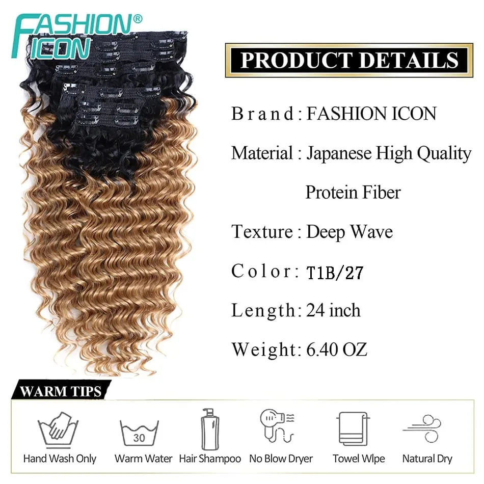24 Inch Deep Wave Clip In Hair Extensions Synthetic Ombre 7Pc/140g Full Head Curly Hairpieces Heat Resistant Fake Hair for Women — image 3