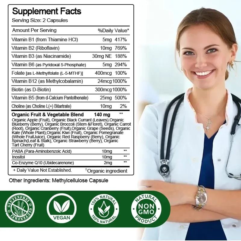 B Complex Vitamins for Nervous System & Energy - Supports Immunity Heart Health Hair Skin & Nails