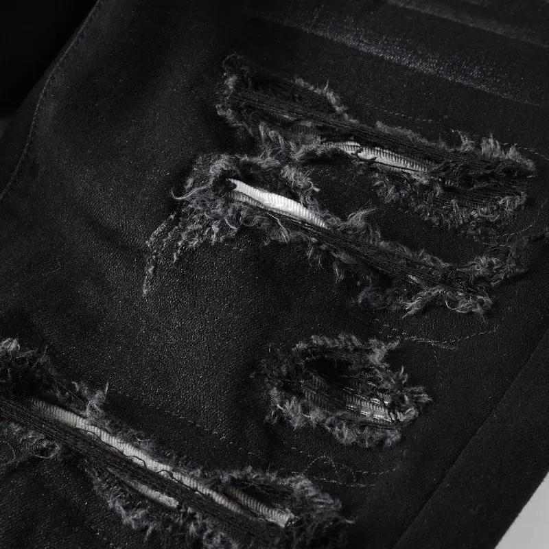 Erkekler Pileli Yama Biker Jeans Streetweed Sıska Konik Streç Denim Pantolon Yırtık Patchwork Siyah Pantolon