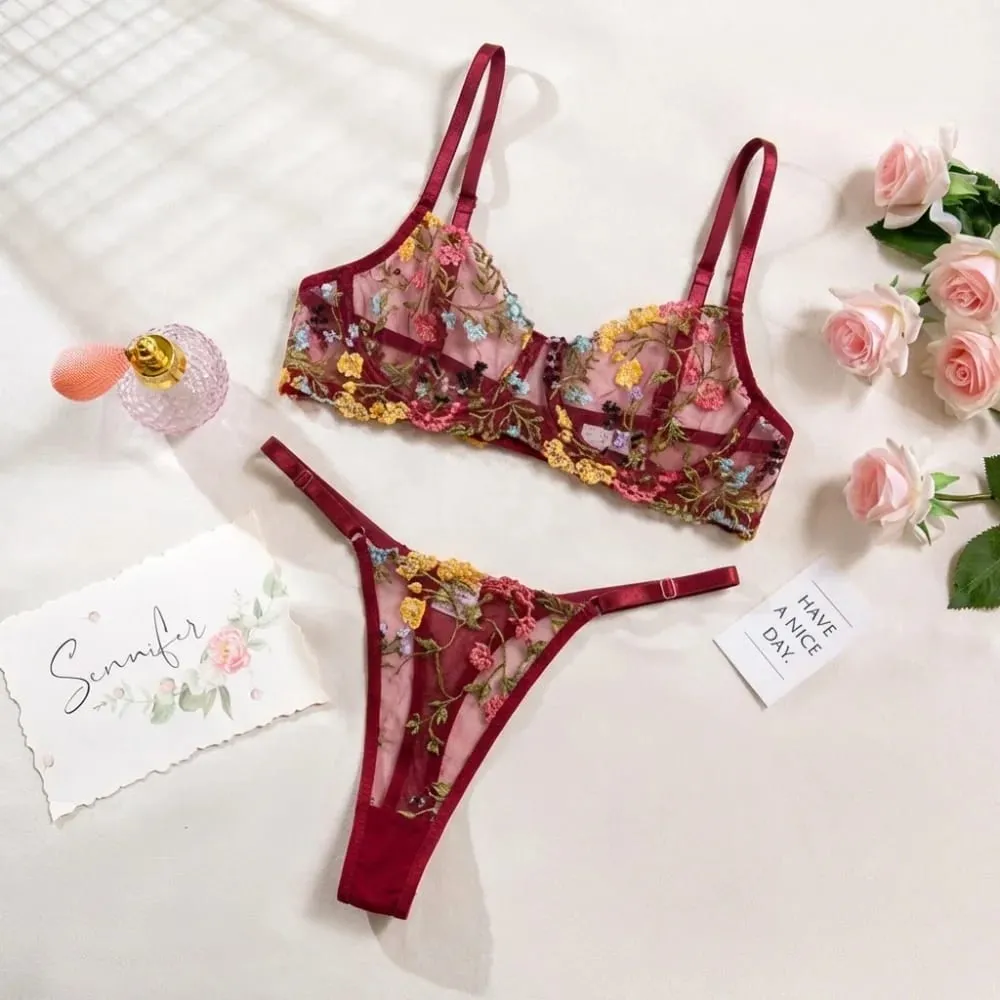 2-Piece Bohemia Floral Lingerie Set Sheer Embroidery Underwear Intimates Versatile Underwire Push-up Bra Panty Set For Lady Girl — image 7