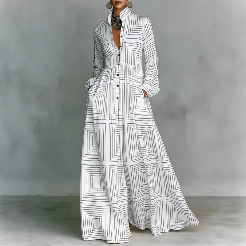 Robe plissée taille haute pour femme, motif rétro imprimé, col chemise, poches boutonnées, Maxi, manches longues, style Boho, vacances, printemps — image 8