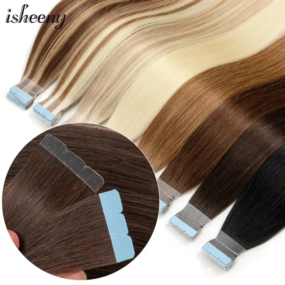 Isheeny 12"-20" Mini Tape Hair Extensions Machine Remy Skin Weft Adhesive Tape In Human Hair Natural Black Brown Blonde 10pcs