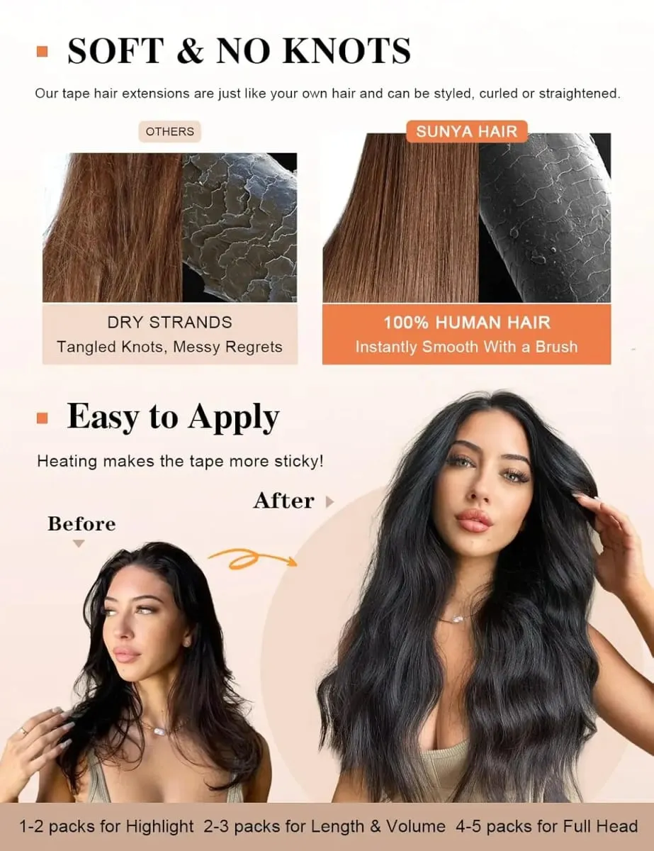 Tape In Hair Extensions 12-20 inch 20 Pcs Set 100% Human Hair Remy Wefts Glue Easy Application for Thin Hair Thick Hair Instant